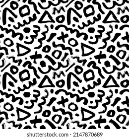 Seamless abstract geometric pattern fashion 80-90s. Grunge straight brush stroke, triangles, circles, zigzag lines. Chaotic ink brush scribbles texture. Messy doodles, curvy lines in Memphis style