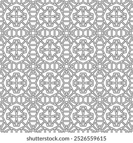 Padrão geométrico abstrato contínuo, apresentando formas simétricas e regulares em preto e branco com uma mistura de elementos modernos e clássicos. Ótimo para cenários, têxteis e outros projetos criativos.