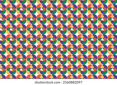 Seamless abstract geometric pattern featuring colorful circular shapes in red, green, blue, yellow, and purple, arranged in a repetitive, vibrant design ideal for backgrounds and textiles