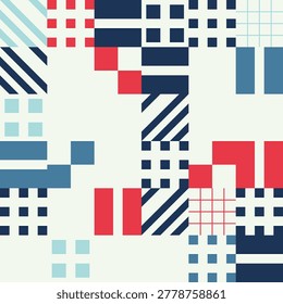 Seamless abstract geometric pattern featuring a composition of squares, diagonal stripes, and grid lines in a modern blue and red color palette.