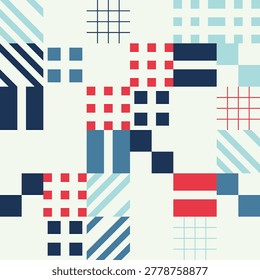 Seamless abstract geometric pattern featuring a composition of squares, diagonal stripes, and grid lines in shades of blue and red on a light background.