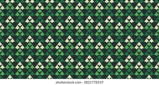 A seamless abstract geometric pattern featuring a repeating arrangement of green triangles and squares in various shades.