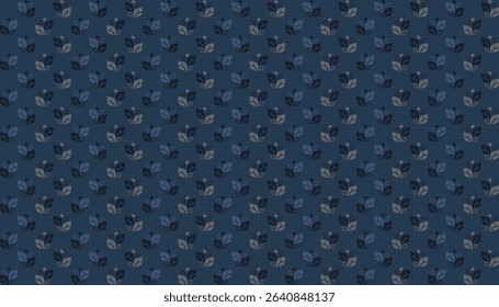 Seamless abstract geometric pattern with five leaves composition in gray and dark blue on blue background. Vector illustration, for masculine shirt lady dress cloth cover decoration all over print art