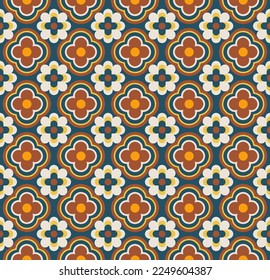 Seamless abstract geometric pattern with floral motif. 70's Retro Seamless Pattern. 60s and 70s Aesthetic Style. Vector Illustration.