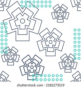 Seamless abstract geometric pattern. Flowers, rings, dots. Blue, green, white. Floral chaotic texture. Vector illustration. Memphis style. Design for textile fabrics, wrapping paper, wallpaper, cover.