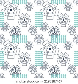 Seamless abstract geometric pattern. Flowers, rings, dots. Blue, green, white. Floral texture. Vector illustration. Memphis style. Design for textile fabrics, wrapping paper, wallpaper, cover.