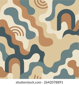
Seamless abstract geometric pattern with flowing shapes and arches in earthy tones of terracotta, beige, and blue. Perfect for modern backgrounds and textile designs.