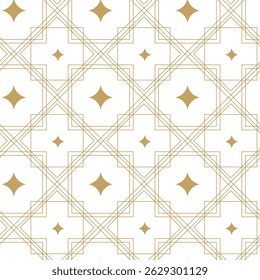 Seamless abstract geometric pattern with gold lines, squares, and shapes on white background. Ideal for fabric, wallpapers, notebooks, gift wrap, packaging, rugs, and branding.