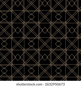 Seamless abstract geometric pattern with gold lines, squares, and shapes on black background. Ideal for fabric, wallpapers, notebooks, gift wrap, packaging, rugs, and branding.