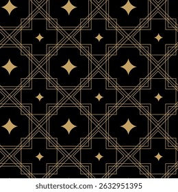 Seamless abstract geometric pattern with gold lines, squares, and shapes on black background. Ideal for fabric, wallpapers, notebooks, gift wrap, packaging, rugs, and branding.