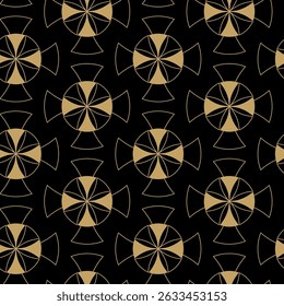 Patrón geométrico abstracto sin fisuras con líneas de oro, círculos y Formas sobre fondo negro. Ideal para telas, Fondos de pantalla, cuadernos, envolturas para regalos, empaques, alfombras y marcas.