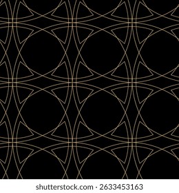 Patrón geométrico abstracto sin fisuras con líneas de oro, círculos y Formas sobre fondo negro. Ideal para telas, Fondos de pantalla, cuadernos, envolturas para regalos, empaques, alfombras y marcas.