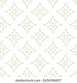 Seamless abstract geometric pattern with gold lines, squares, and shapes on white background. Ideal for fabric, wallpapers, notebooks, gift wrap, packaging, rugs, and branding.