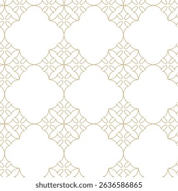 Seamless abstract geometric pattern with gold lines, squares, and shapes on white background. Ideal for fabric, wallpapers, notebooks, gift wrap, packaging, rugs, and branding.