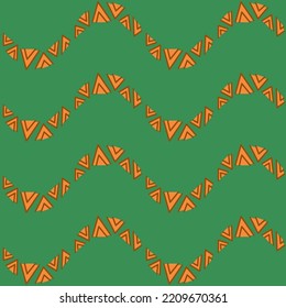 Seamless abstract geometric pattern. Green, orange, brown. Vector illustration. Wave lines, triangles texture. Design for textile fabrics, wrapping paper, background, wallpaper, cover.