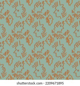 Seamless abstract geometric pattern. Green, gray, orange. Vector illustration. Faces, triangles, lines texture. Design for textile fabrics, wrapping paper, background, wallpaper, cover.