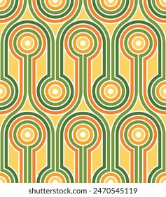 Seamless abstract geometric pattern with green, yellow, and orange straight lines and concentric circles. Simple and elegant design in retro 70's style. Vintage bold colors.