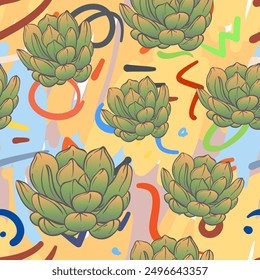 Seamless abstract geometric pattern with green succulents. Retro 1980s, 1990s style. Memphis inspired design for textiles and fabrics, wrapping, wallpapers. Vector illustration, bright colors