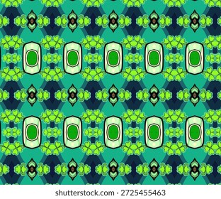 Padrão geométrico abstrato contínuo com verde, caleidoscópio, simetria, padrão, formas abstratas. Ideal para fundos, têxteis, papéis de parede e design digital.