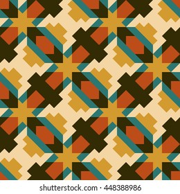 Seamless abstract geometric pattern in green, beige and brown colors for design. Vector background of triangles and squares. Mosaic texture for textile, wrap, wallpaper, clown, carpeting, book cover