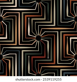 Seamless abstract geometric pattern with a grid of multicolored striped square spirals on a black background. Modern maze design. Retro style. Vector illustration.