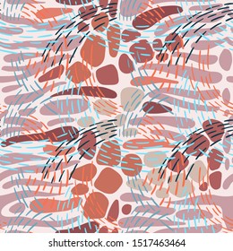 Seamless abstract geometric pattern. Hand drawn dashed color lines forming overlapping waves on striped oval shapes. Colorful smooth paving stone forms mixed with bold dotted line stitches. Textile. 