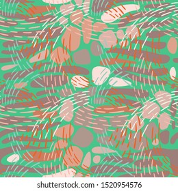 Seamless abstract geometric pattern. Hand drawn dashed color lines forming overlapping waves on striped oval shapes. Colorful smooth paving stone forms mixed with bold dotted line stitches. Textile. 