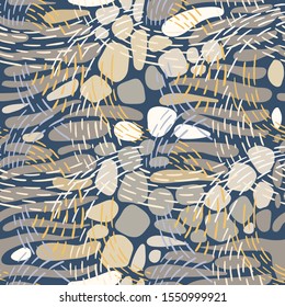 Seamless abstract geometric pattern. Hand drawn dashed color lines forming overlapping waves on striped oval shapes. Colorful smooth paving stone forms mixed with bold dotted line stitches. Textile. 