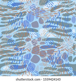 Seamless abstract geometric pattern. Hand drawn dashed color lines forming overlapping waves on striped oval shapes. Colorful smooth paving stone forms mixed with bold dotted line stitches. Textile. 