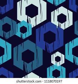 Seamless abstract geometric pattern. Hexagons texture. Brushwork. Hand hatching. Textile rapport.