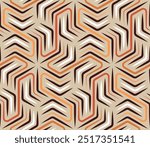 Seamless abstract geometric pattern. Interlocking striped hexagons with thin white, brown, and orange lines on a beige background. Trendy and elegant design in modern style. Vector illustration.
