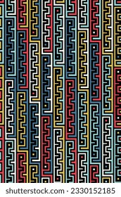 Seamless abstract geometric pattern with interlocking multicolored jagged lines on a black background. Blue, red, black, and white ornamental zigzag stripes. Greek ornament style. Vector illustration.