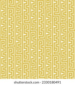 Seamless abstract geometric pattern with interlocking jagged lines in a labyrinth style. Maze design. Yellow zigzag stripes on a white background. Greek ornament style. Vector illustration.