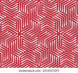 Patrón geométrico abstracto sin fisuras con líneas finas blancas y rojas entrelazadas que forman Formas hexagonales en un diseño de laberinto. Estilo sencillo y moderno. 