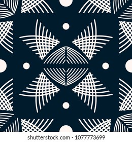 Seamless abstract geometric pattern of intersecting curves, arched shapes and dots. Dark blue and white colors
