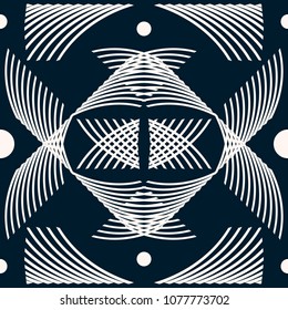 Seamless abstract geometric pattern of intersecting curves and dots. Dark blue and white colors