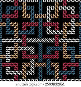 Seamless abstract geometric pattern with intersecting squares decorated with small blue, red, yellow, and white circles and dots on a black background. Traditional ethnic design in modern style.