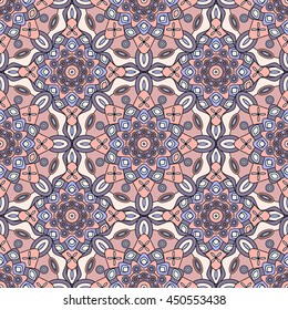 Seamless abstract geometric pattern. Lattice of floral mandala medallions in faded red, lavender gray, pale creamy yellow & blue. 