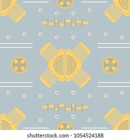 Seamless abstract geometric pattern with mechanic shapes. Mechanical steampunk vector print. Gray and yellow pastel colors