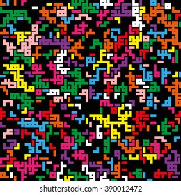 Seamless abstract geometric pattern. Memphis fashion style 80-90s. Fullcolor labyrinth elements on black background. For paper print, website background and fabric design. EPS10.