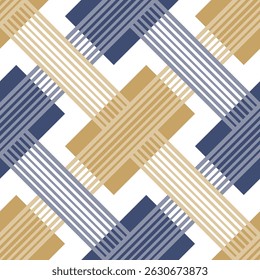 Padrão geométrico abstrato contínuo com um design minimalista de linhas listradas e retângulos azuis e amarelos em um fundo branco. Estilo moderno na moda. Ilustração vetorial.