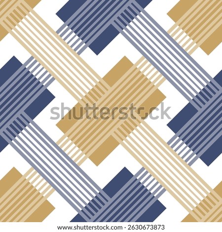Seamless abstract geometric pattern with a minimalistic design of striped lines and blue and yellow rectangles on a white background. Trendy modern style. Vector illustration.