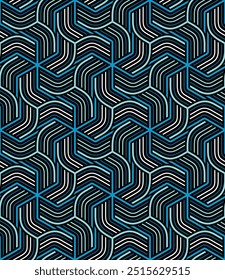 Seamless abstract geometric pattern. Modular striped grid with thin interlocking blue lines on a black background. Modern style. Vector illustration.