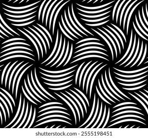 Seamless abstract geometric pattern with a modular design of twisted striped hexagons on a black background. Vortexes and whirls of thin white lines. Contemporary retro style. Vector illustration.