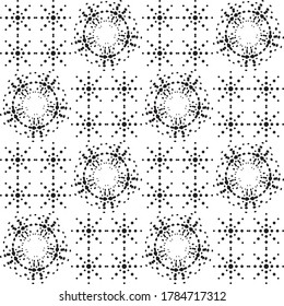 Seamless abstract geometric pattern. Monochrome. Intersection of lines, circles in a tileable pattern. Asterisks, blots, circles. Vector.