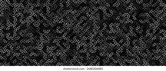 Seamless Abstract Geometric Pattern, Monochrome Curved Lines And Circular Arcs On Black, Modern Minimal Background For Textile, Wallpaper, Branding, Web And Packaging. Vector Illustration