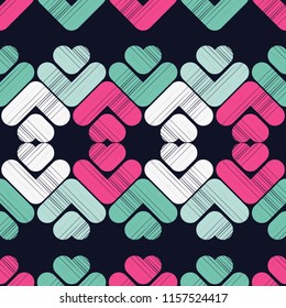 Seamless abstract geometric pattern. Mosaic texture. Hearts. Brushwork. Hand hatching. Scribble texture. Textile rapport.