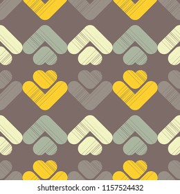 Seamless abstract geometric pattern. Mosaic texture. Hearts. Brushwork. Hand hatching. Scribble texture. Textile rapport.