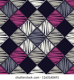 Seamless abstract geometric pattern. Mosaic texture. Brushwork. Hand hatching. Scribble texture. Textile rapport.