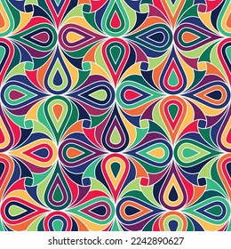 Seamless abstract geometric pattern with multicolored wavy elements. Graphical textile texture in a modern ethnic style. Vector decorative illustration for textile, wrapping, and packaging.